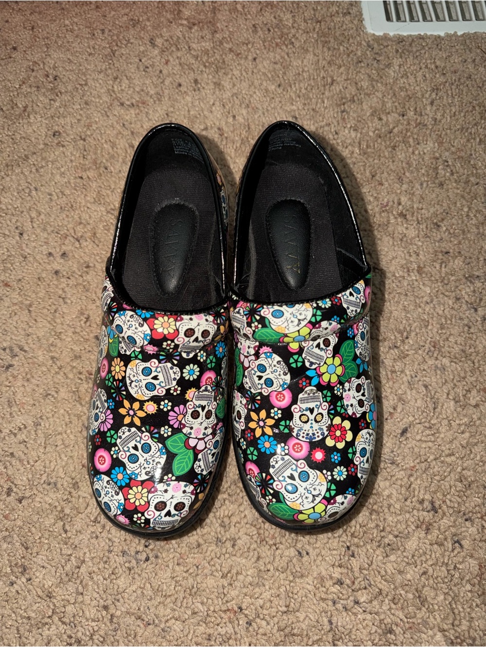 Waterproof + Slip Resistant Savvy Black Sugar Skull Floral Clogs